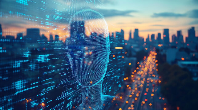 A digital human head formed of lines of code is superimposed on a city skyline at dusk.