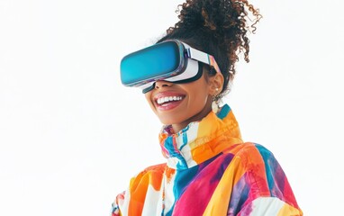 Smiling young pretty woman with colored wearing a VR headset on a clean white background 