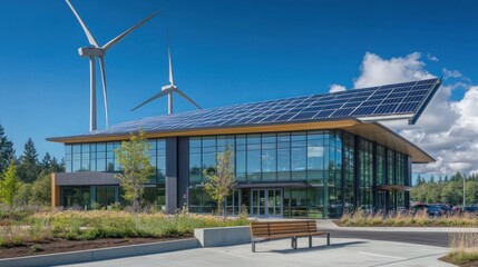 Obraz premium A large building with a wind turbine on top. The building has a lot of windows and is surrounded by a garden