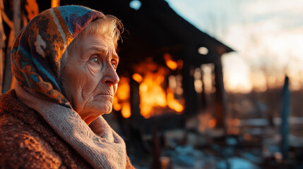 An elderly woman, with a shawl covering her head, gazes at a burning building in the background, her expression filled with sadness and loss.