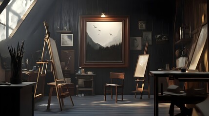 A creative studio space with a picture frame on a wall, surrounded by easels, paintbrushes, and an inspiring atmosphere.