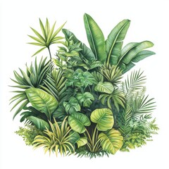 Vibrant tropical foliage featuring a variety of lush green leaves on a white isolate background.
