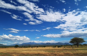 Fototapeta premium A clear blue sky with a few fluffy clouds, showcasing the vastness and beauty of nature's elements in a serene and peaceful scene.