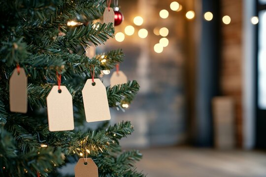 Christmas tree decorated with tags for gift donations, in a warm and inviting community space, minimal background with copy space