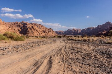 Sandy track through Wadi Disah canyon, Saudi Arabia