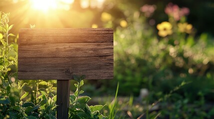Fototapeta premium A wooden signpost with nature trail sign guiding hikers through lush greenery during a beautiful golden hour sunset.