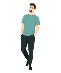 Vector illustration on a white background. A man in a light blue shirt and dark trousers, emphasizing style and sophistication.