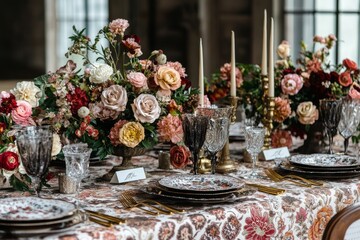 dining table set for a maximalist Christmas with richly patterned tablecloths, gold cutlery, and over-the-top floral arrangements