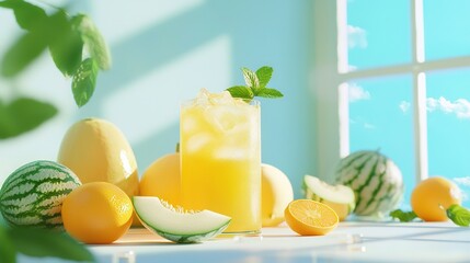  A glass of lemonade, watermelon, and watermelon slices rest on a table near a window