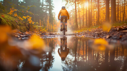 Fototapeta premium A cyclist rides through a forest path, their reflection shimmering in a puddle.