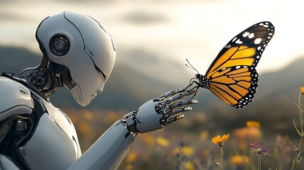 A beautiful image of a robot gracefully reaching out to delicately touch a colorful butterfly in a sun drenched meadow, surrounded by a vibrant array of wildflowers.