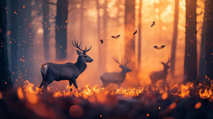 A lone deer stands in a fiery forest, surrounded by flames and flying leaves.