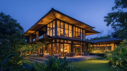 Fototapeta premium A large house with a pool and a patio. The house is surrounded by trees. There are several chairs and a couch on the lawn