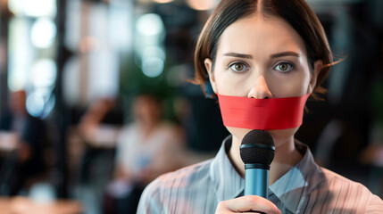 A journalist broadcasting with red tape sealing their mouth, gripping a microphone, symbolizing press censorship and the fight for free speech and press freedom rights.