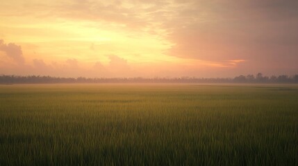 Obraz premium A vast field of green grass stretches out before the rising sun, its golden light filtering through a veil of mist.