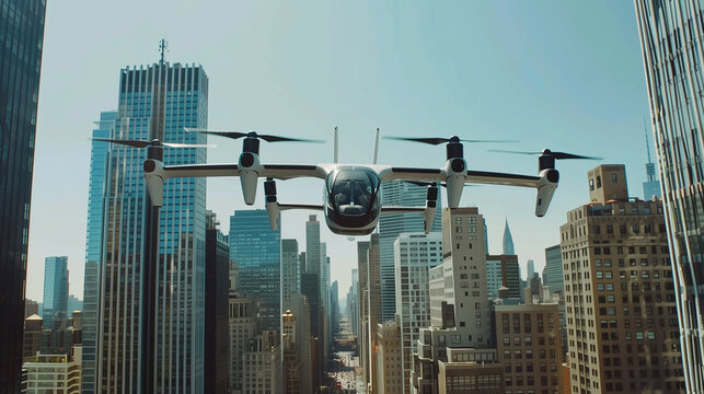 An electric air taxi with a round cockpit flies over a city skyline, enabling quick commutes across urban locations.