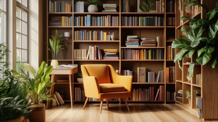 Fototapeta premium A cozy reading nook with a yellow armchair, a large bookshelf filled with books, and plants, bathed in warm sunlight.