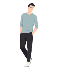 Vector illustration on a white background. A man in a dark blue T-shirt and black trousers, emphasizing his sportiness and active lifestyle.