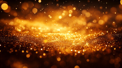 Golden particles shimmer against a dark background, creating a bright, glowing effect. Concept of elegance, luxury, and radiance.