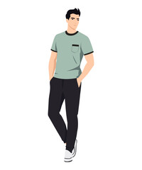 Naklejka premium Vector illustration on a white background. A man in a light green T-shirt and dark trousers, embodying freshness and lightness. Ideal for everyday affairs and meetings.
