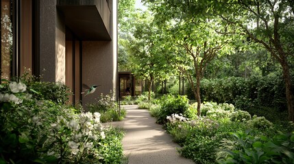 Fototapeta premium Bird perched on building side, near flowery garden and walkway to entrance