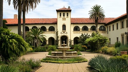 Fototapeta premium A grand Spanish Revival mansion with arched windows, a red tile roof, and a tropical garden. Features a fountain in the front courtyard and palm trees lining the pathway
