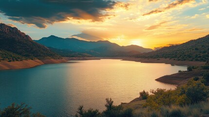 Fototapeta premium A scenic view of a lake surrounded by mountains at sunset. The sky is filled with clouds that are lit up by the sun. The water is calm and reflects the colors of the sky.