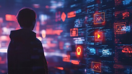 Fototapeta premium Silhouette Of A Person Looking At A Digital Interface Displaying Glowing Data And Graphs, Capturing The Intersection Of Human Insight And Advanced Technology In Data Analysis.