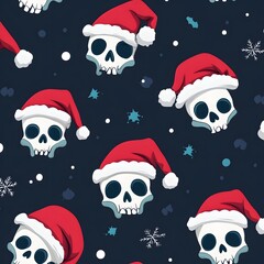 skull seamless pattern christmas santa claus hat Halloween crossbones ghost spooky bone pirate vector cartoon doodle tile background gift wrapping paper repeat wallpaper scarf isolated illustration 
