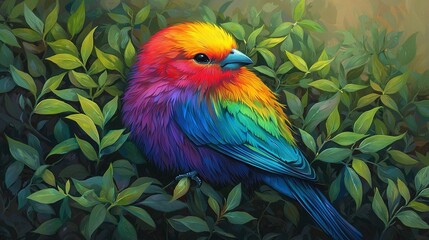 Obraz premium A vibrant bird perches on a leafy branch against a backdrop of sunlit sky