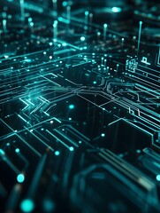 A high-tech background with abstract circuit lines and dots in neon blue on a dark background, resembling a futuristic digital interface. 