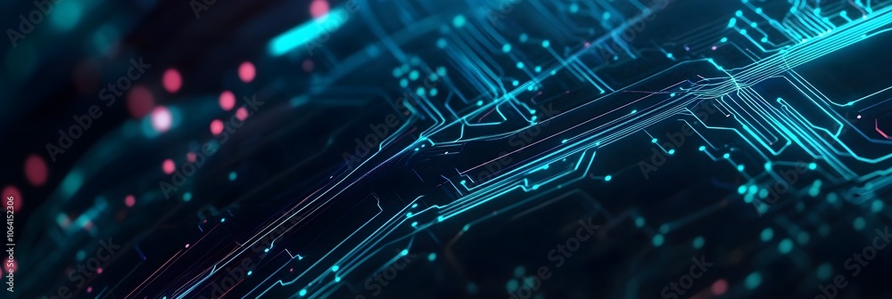 Wall mural a high-tech background with abstract circuit lines and dots in neon blue on a dark background, resem