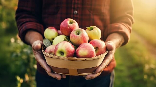 Close up of farmer hands holding fresh organic apples freshly picked