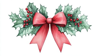 a cheerful Christmas bow clipart, mistletoe accent, watercolor illustration, light green and red, isolated on white background