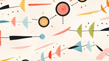 Obraz premium Hand-drawn arrows and circles in various colors on light-colored paper, minimalistic children's book style, with simple strokes and flat illustrations.