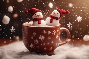 Cute snowmen in red hats inside festive mug, winter holiday scene