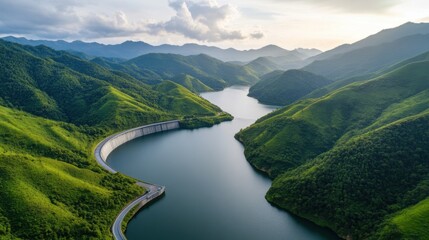 Naklejka premium Aerial View of Hydropower Dam in Lush Green Landscape