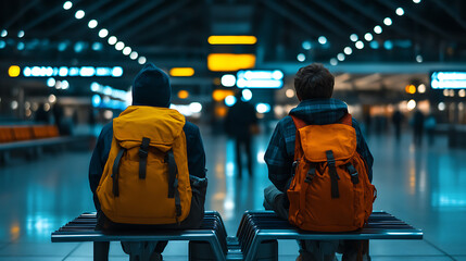 Two travelers sit in an airport waiting area, backpacks beside them.