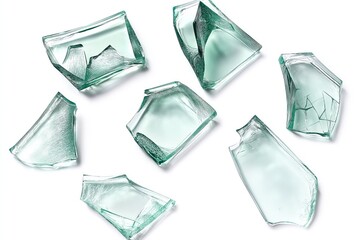 Obraz premium Collection of broken glass pieces with unique shapes and sizes on white background. Random arrangement of clear, green and colored glass shards with sharp edges, isolated on transparent background.