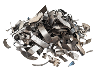Pile of metal scraps in shades of silver, black scattered on transparent background. Varying sizes, shapes, overlapping each other, creating complex scene. Industrial waste, recycling, reuse concept.