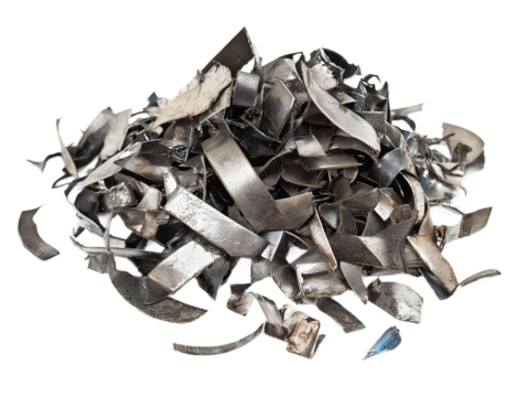 Pile of metal scraps in shades of silver, black scattered on transparent background. Varying sizes, shapes, overlapping each other, creating complex scene. Industrial waste, recycling, reuse concept.