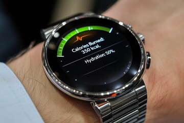 Smartwatch tracking calories and hydration levels on wrist