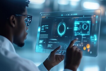 Scientist analyzing data on transparent digital screen