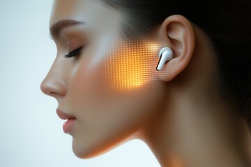 Woman wearing wireless earbuds with glowing audio effect