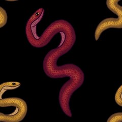 Big Red and Yellow Snake with Black Background Seamless Pattern Design