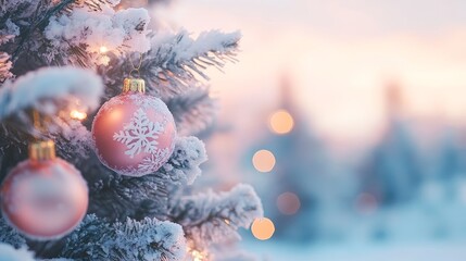 Snow-covered Christmas tree adorned with delicate ornaments and snowflakes, twilight sky in background, soft glow
