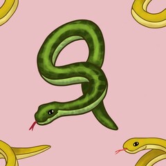 Big Yellow and Green Snake with Pink Background Seamless Pattern Design