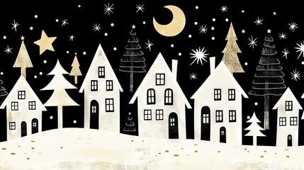   A black-and-white photo of a small town at night, featuring tall trees, a bright moon, shimmering stars, and freshly fallen snow on the ground