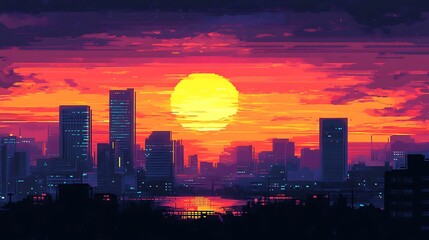 Obraz premium A beautiful cityscape painting in a vibrant orange and blue color scheme