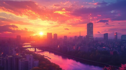 Fototapeta premium A beautiful cityscape painting in a vibrant orange and blue color scheme